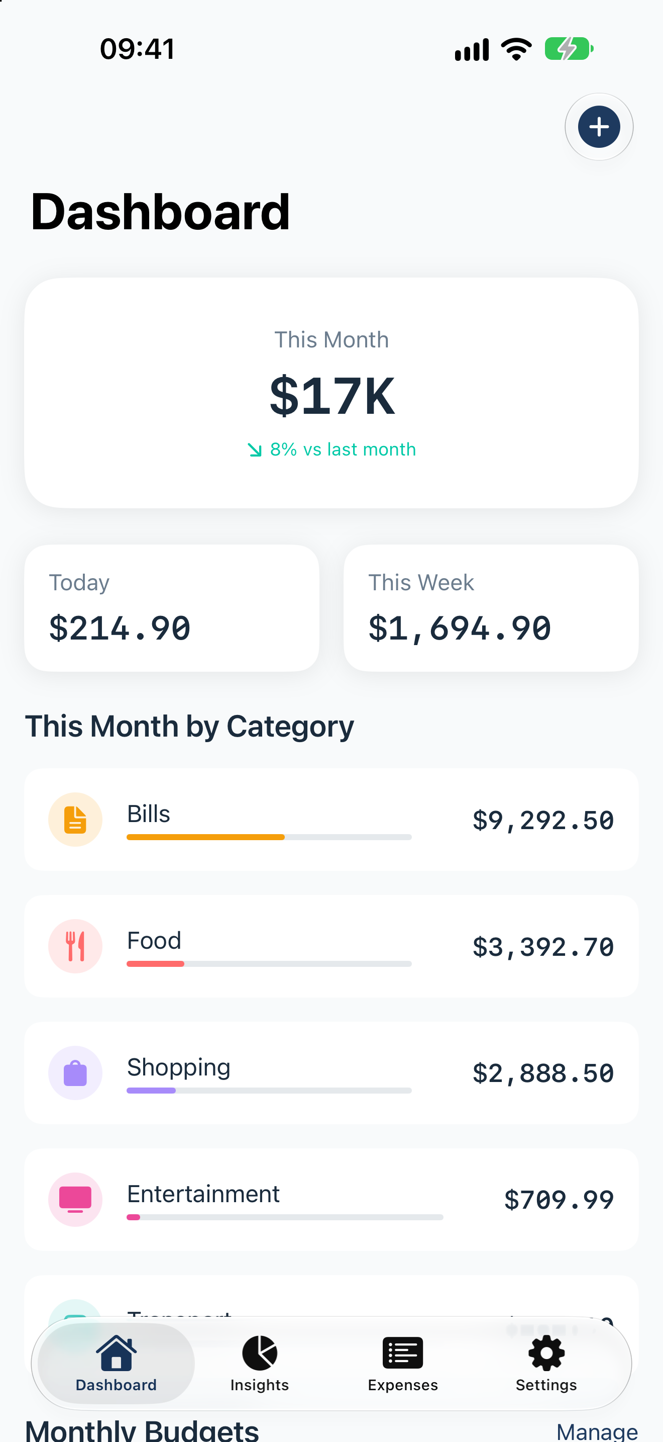 Expensia Dashboard showing monthly spending
