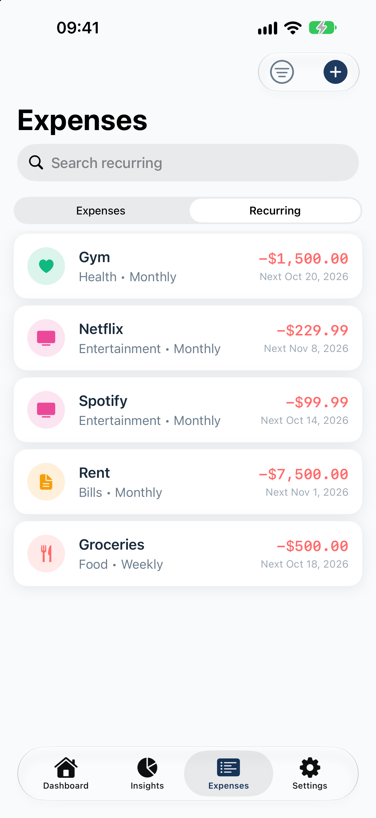Recurring expense schedules in Expensia